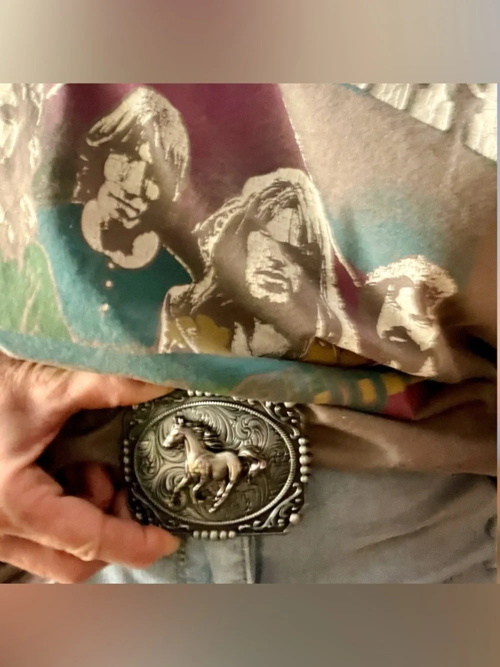 Detailed Silver Engraved Horse/Western Unisex Clip-On Belt Buckle